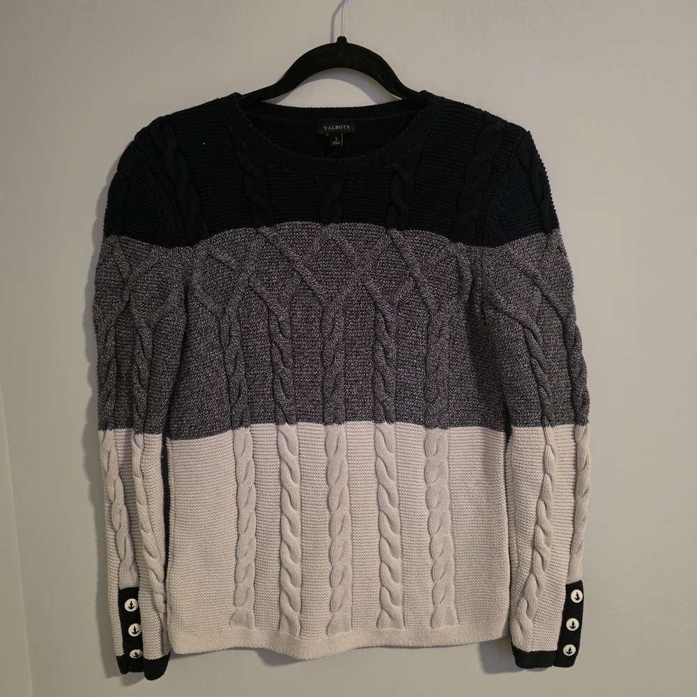 Tablots - Women's  Gray, and off White Cable Knit Sweater - small - Picture 2 of 9